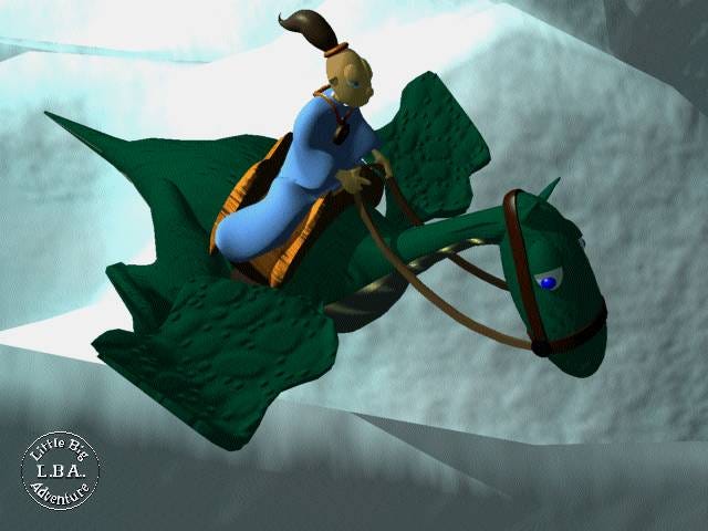 A male character with a dark ponytail is dressed in blue and sits on a green dragon