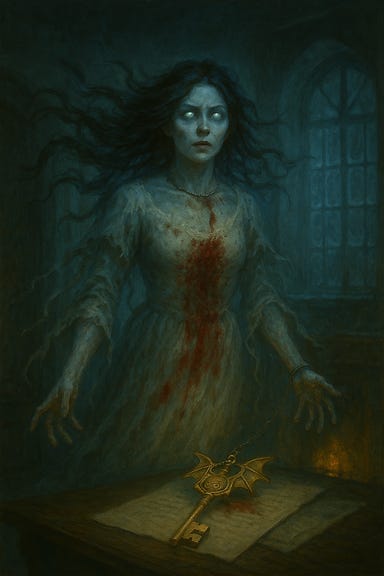 Create a safe, atmospheric fantasy image of the ghost of Varushka in a dreamlike Barovian setting. She hovers in a dimly lit guest room, suspended in grief and fury. Her once-white dress is soaked in faded bloodstains, its tattered edges fluttering like ghostly ribbons. Her fiery hair whips about in an unseen wind, strands clinging to her pale, sorrowful face. Her eyes blaze with spectral light, tearful and intense. A long scar runs beneath her chin, and a silver necklace is pulled tight around her neck, glowing faintly. Her hands are outstretched, fingers trembling. The room is cold and surreal, with frost creeping along the door handle and a grandfather clock ticking in the background. No gore or violence—only haunting atmosphere and symbolic wounds.