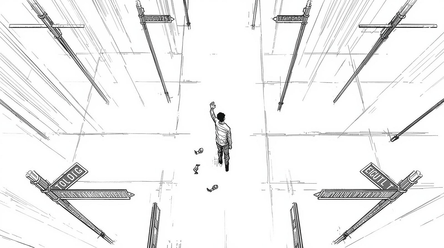 Person lost in a city where all the street signs are lines of code