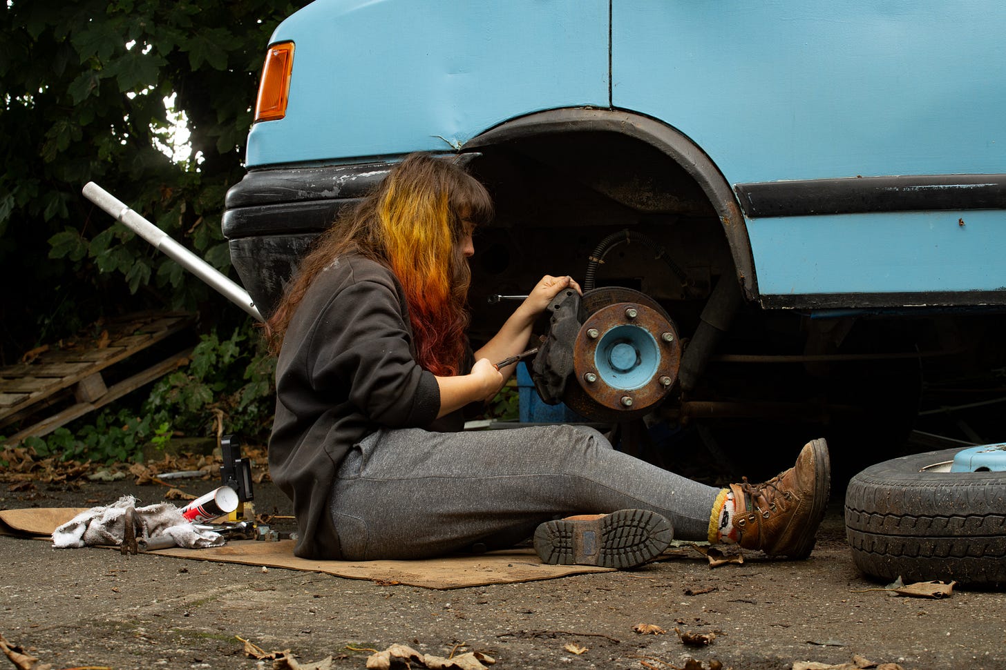 female girl woman mechanic petrol head growing up story travel writer van life welding repair spanners bodge fix LDV Convoy British vehicles old 