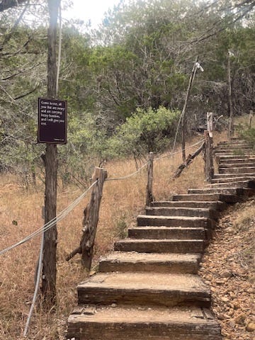 A photo of one of the friendly donkeys I met on my walk. The trail photos show the scriptures posted on the trees and the challenging steps that give me a great workout.