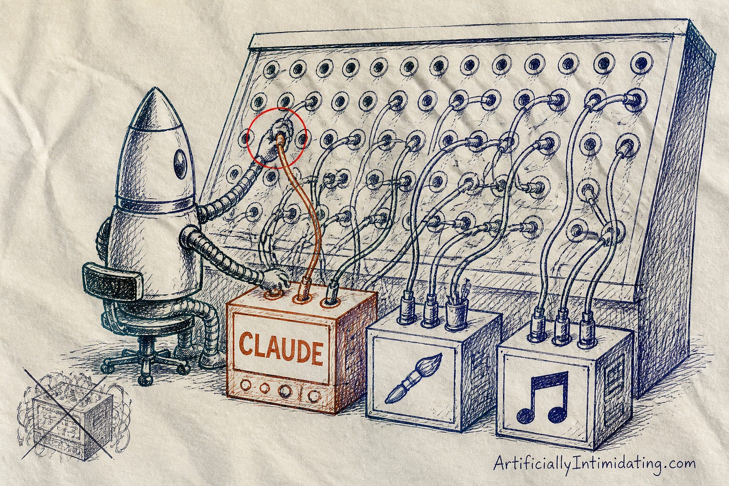 A rocket-shaped robot at a giant switchboard plugging a patch cord into a rust-orange box labeled CLAUDE, with a red circle around the cord and two other boxes holding a paintbrush and a music note.