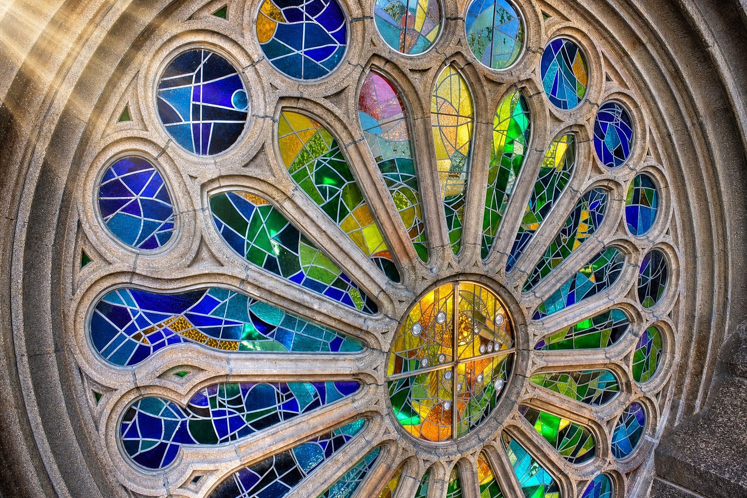 Enhanced stained-glass rose window with gently intensified colors and subtle numinous light beams. Enhanced stained-glass rose window with gently intensified colors and subtle numinous light beams.