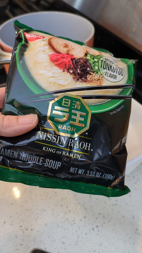 Nissin Raoh instant ramen packet being opened, noodles cooked, sauce packets mixed, and final product served in a delicious soupy bowl.