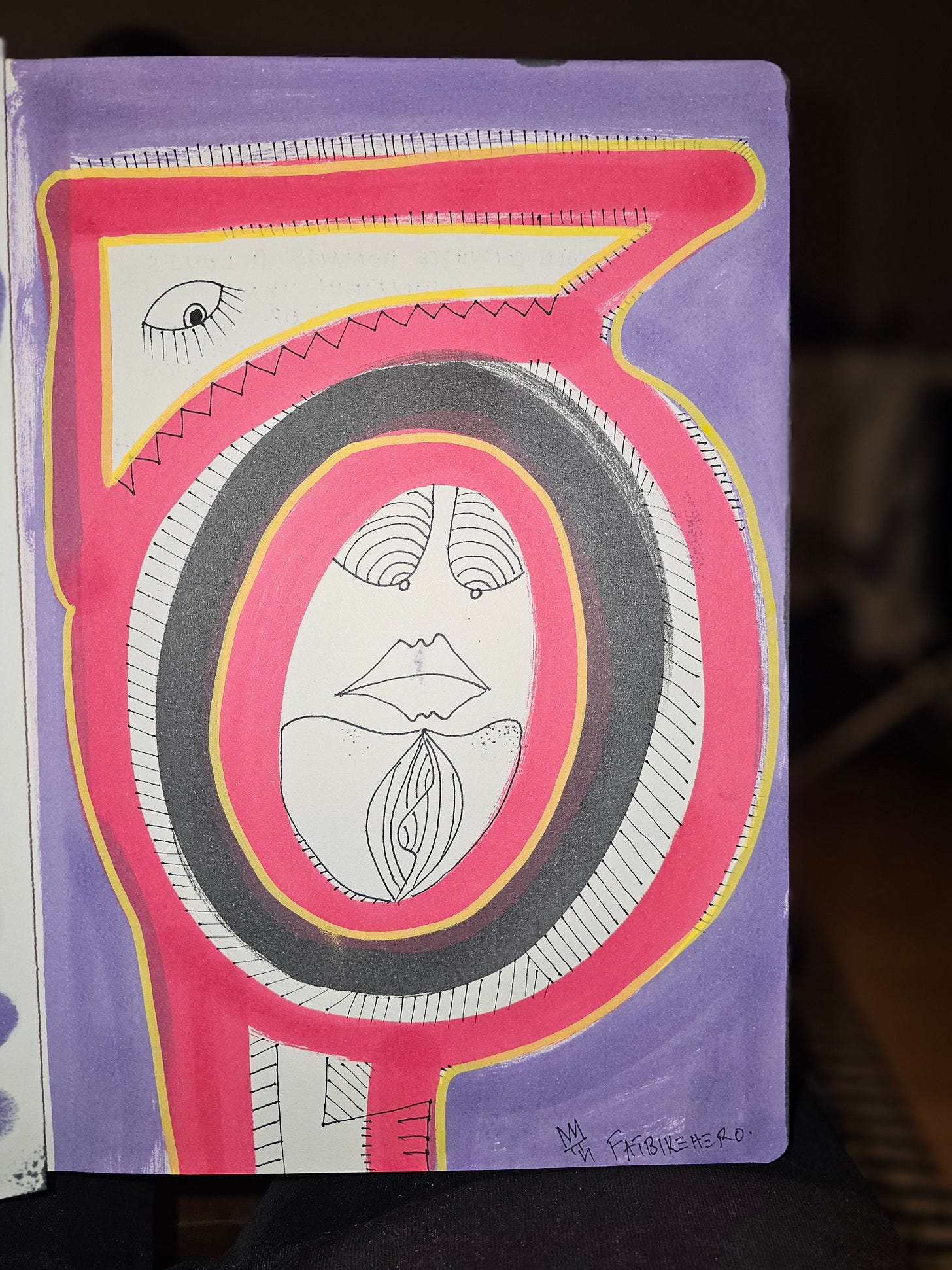 Alt Text: Vertical abstract ink and marker drawing by Fatbikehero on a purple background. A stylized, geometric face is trapped within a pink and grey concentric oval loop. The figure features a single wide eye with lashes, bold lips, and a chin detail resembling a beard or secondary mouth. The style is raw, neo-expressionist, and vibrant.