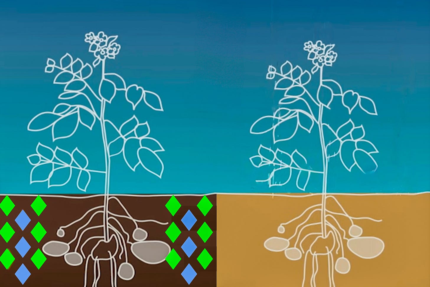 Die Infografik vergleicht den Kartoffelanbau in einem humusreichen Ackerboden (links) mit dem in sandigem Boden (rechts). Grüne Rauten symbolisieren die gespeicherten Nährstoffe, blaue Rauten das gespeicherte Wasser im Ackerboden. Der Sandboden enthält hingegen kaum Nährstoffe und speichert kein Wasser. Die Infografik vergleicht den Kartoffelanbau in einem humusreichen Ackerboden (links) mit dem in sandigem Boden (rechts). Grüne Rauten symbolisieren die gespeicherten Nährstoffe, blaue Rauten das gespeicherte Wasser im Ackerboden. Der Sandboden enthält hingegen kaum Nährstoffe und speichert kein Wasser.