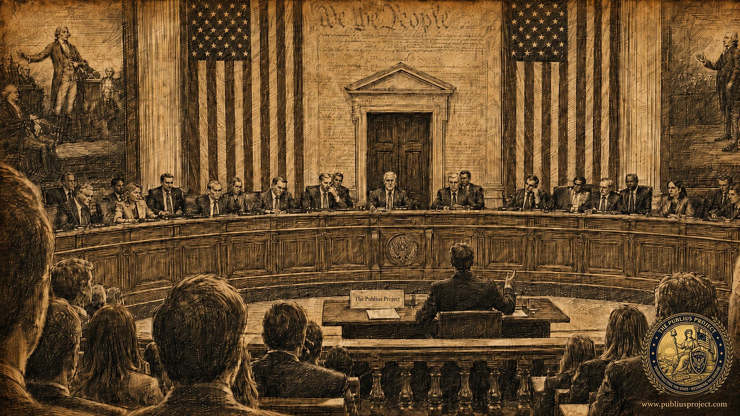Sepia-toned pen-and-ink illustration of a man from The Publius Project giving testimony before a congressional committee, viewed from the public gallery. The chamber is filled with lawmakers seated behind a curved dais beneath American flags and “We the People,” with a small full-color Publius Project seal and the website www.publiusproject.com in the bottom right corner. Sepia-toned pen-and-ink illustration of a man from The Publius Project giving testimony before a congressional committee, viewed from the public gallery. The chamber is filled with lawmakers seated behind a curved dais beneath American flags and “We the People,” with a small full-color Publius Project seal and the website www.publiusproject.com in the bottom right corner.