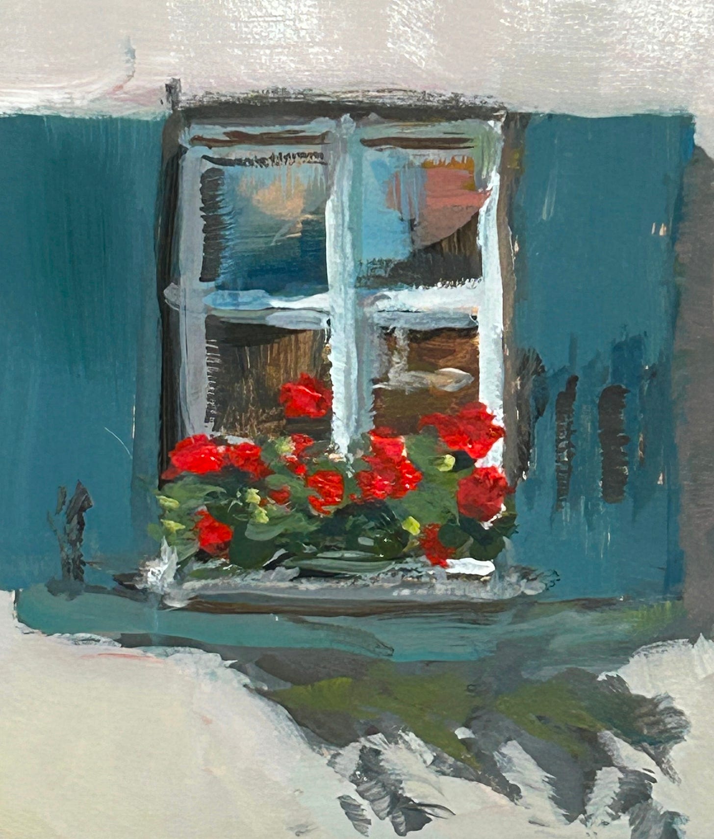Painting of a window with teal shutters and a red geranium