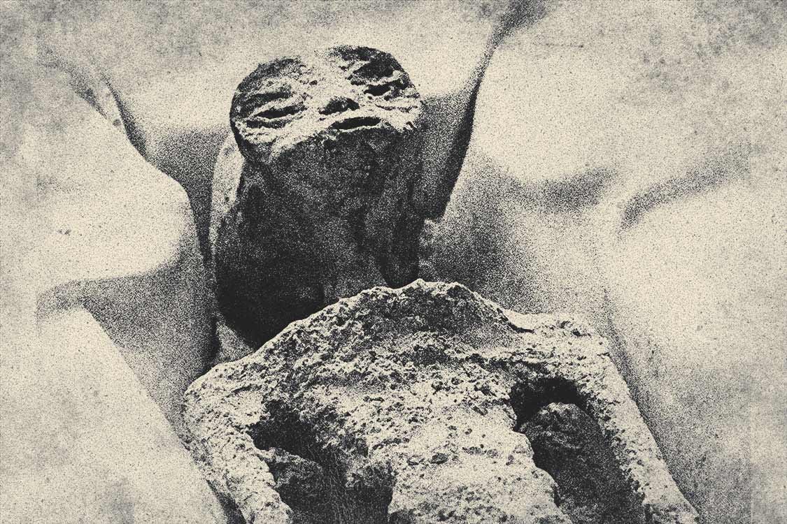A plaster doll trying to impersonate an alien fossil. It's not achieving it though; the manufacturing quality is clearly wack. I mean it even has nostrils, probably because the hoaxer who made it didn't remember that fossils shouldn't have nostrils.