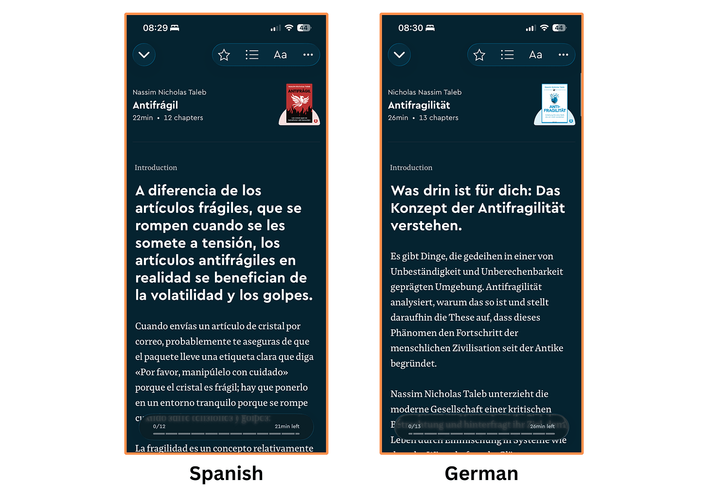 Blinkist's languages for the book Antifragile (dark mode)