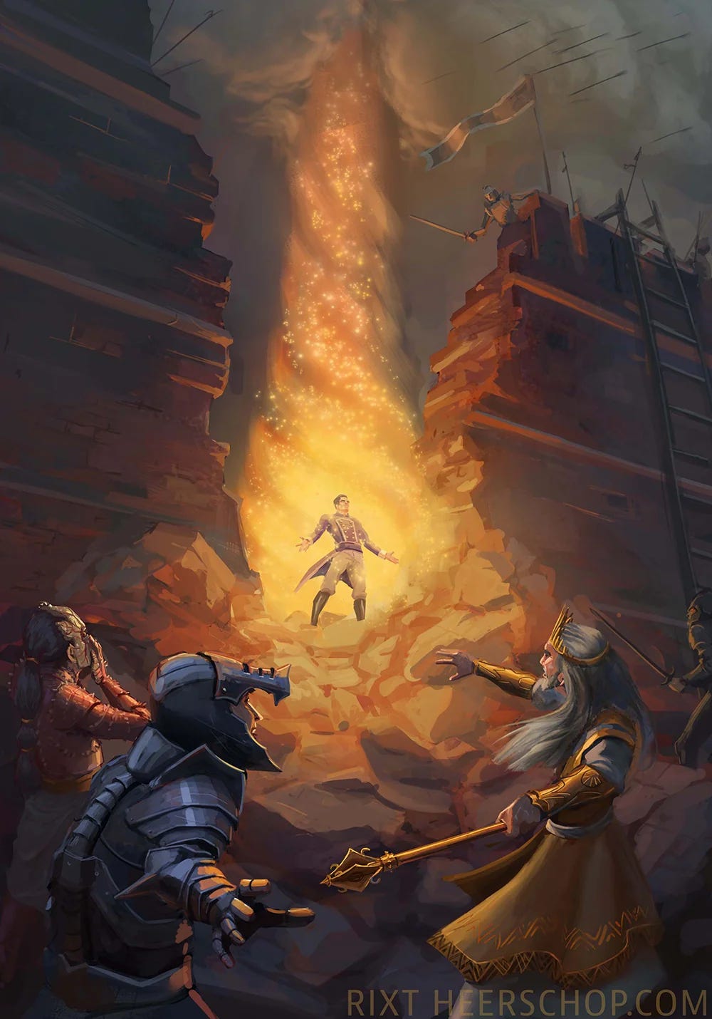 Dalinar stands in a column of golden light, battle raging around him.
