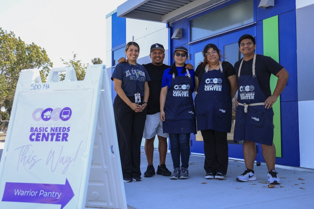 (L-R) Jocelyn Rivera, 31, Christian Bustillo, 34, Eden Kate Aglipay, 22, Cecilia Herrera, 19, Ben Andre Pineda, 20, service students and community members Tuesday through Thursday in the new Basic Needs Center. The pantry could not run without student volunteers and workers, and utility worker Richard Hawes, said Rivera and Bustillo. (Oriana de Quay | The Union)