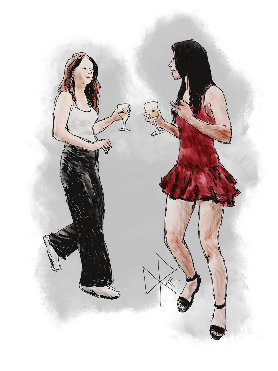 Two women dancing while holding wine glasses. Sketch art by Don Rice.
