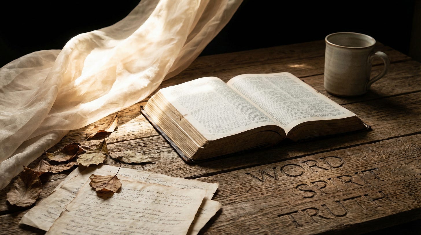 AI-generated illustration of an open Bible on a wooden table with leaves, bright sunlight, and a coffee mug. The words word, spirit, truth are etched onto the table top,  symbolizing the power of Bible study.