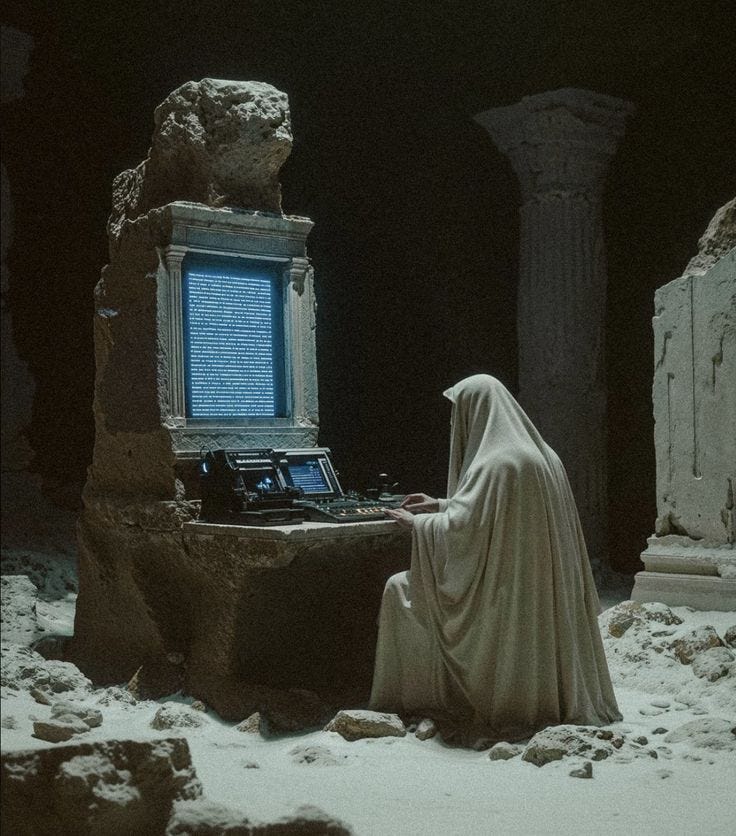 This may contain: a woman sitting in front of a computer on top of a table covered in snow