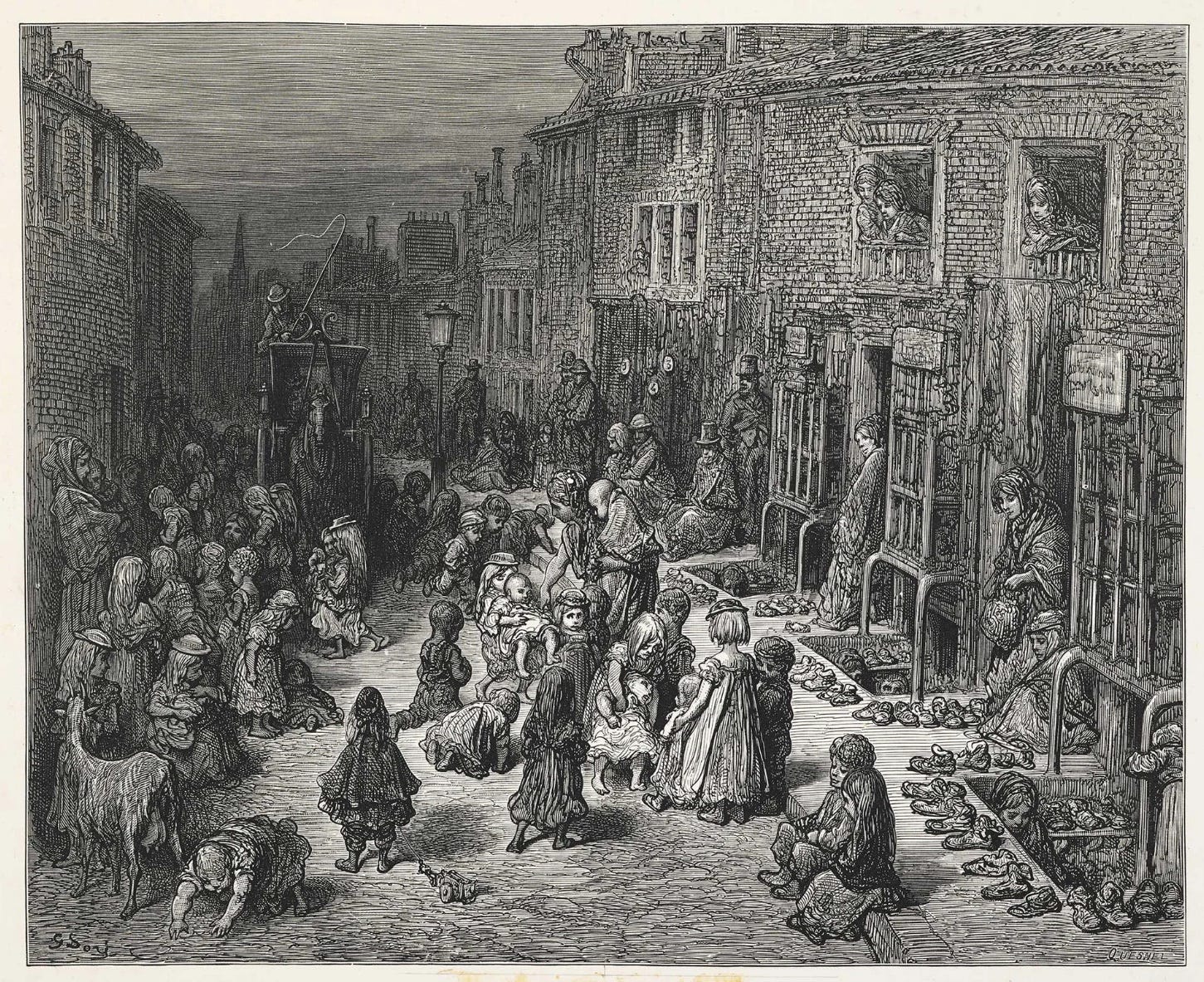 An engraved image of a dark city street in Victorian London. The sky is overcast and the street is crowded with people of all ages, though children seem prominent in the foreground. An engraved image of a dark city street in Victorian London. The sky is overcast and the street is crowded with people of all ages, though children seem prominent in the foreground.