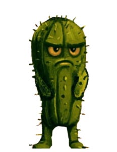 A grumpy illustrated cactus character with crossed arms, a deep frown, and spikes covering its body, from The Hallway of Doorknobs by Lynn A. Haller, illustrated by Justyna Nowosadko.