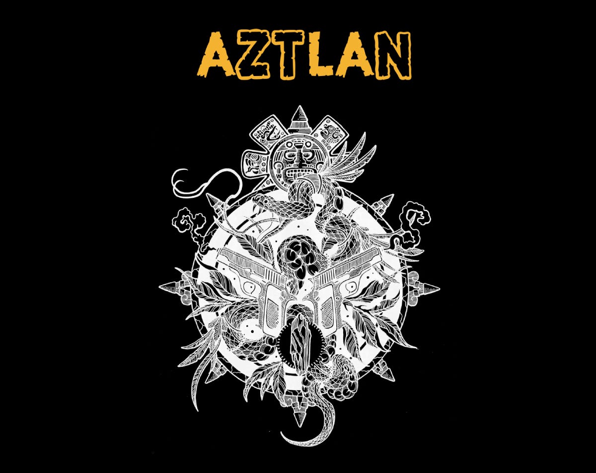 A stylized cover image for "Aztlan" featuring a bold, distressed yellow title at the top against a black background. Centered below is an intricate white line-art illustration resembling an Aztec-inspired circular emblem.