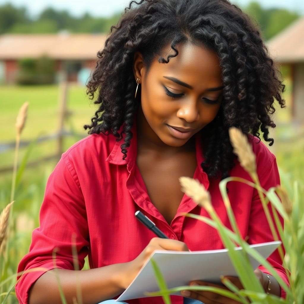 Young, youthful African American Woman wearing an deep red shirt with all black hair writing a letter in the summertime by the farm writing a letter