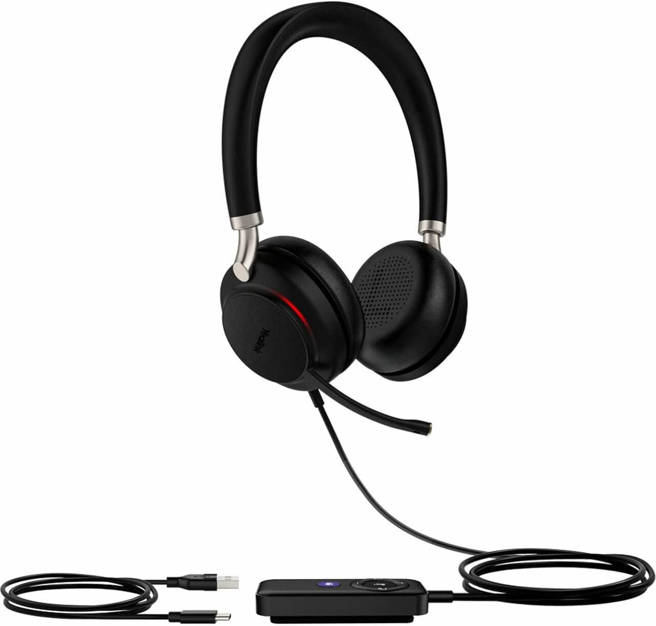 Yealink UH38 Series Premium USB Headset in black with on-ear design and adjustable boom microphone. The headset features a padded headband with silver metal accents, cushioned ear cups for comfort during long calls, and a wired USB connection. The image shows the headset with its compact control unit that offers volume adjustment and call control functions. This professional-grade headset is designed specifically for business communications and sales calls.