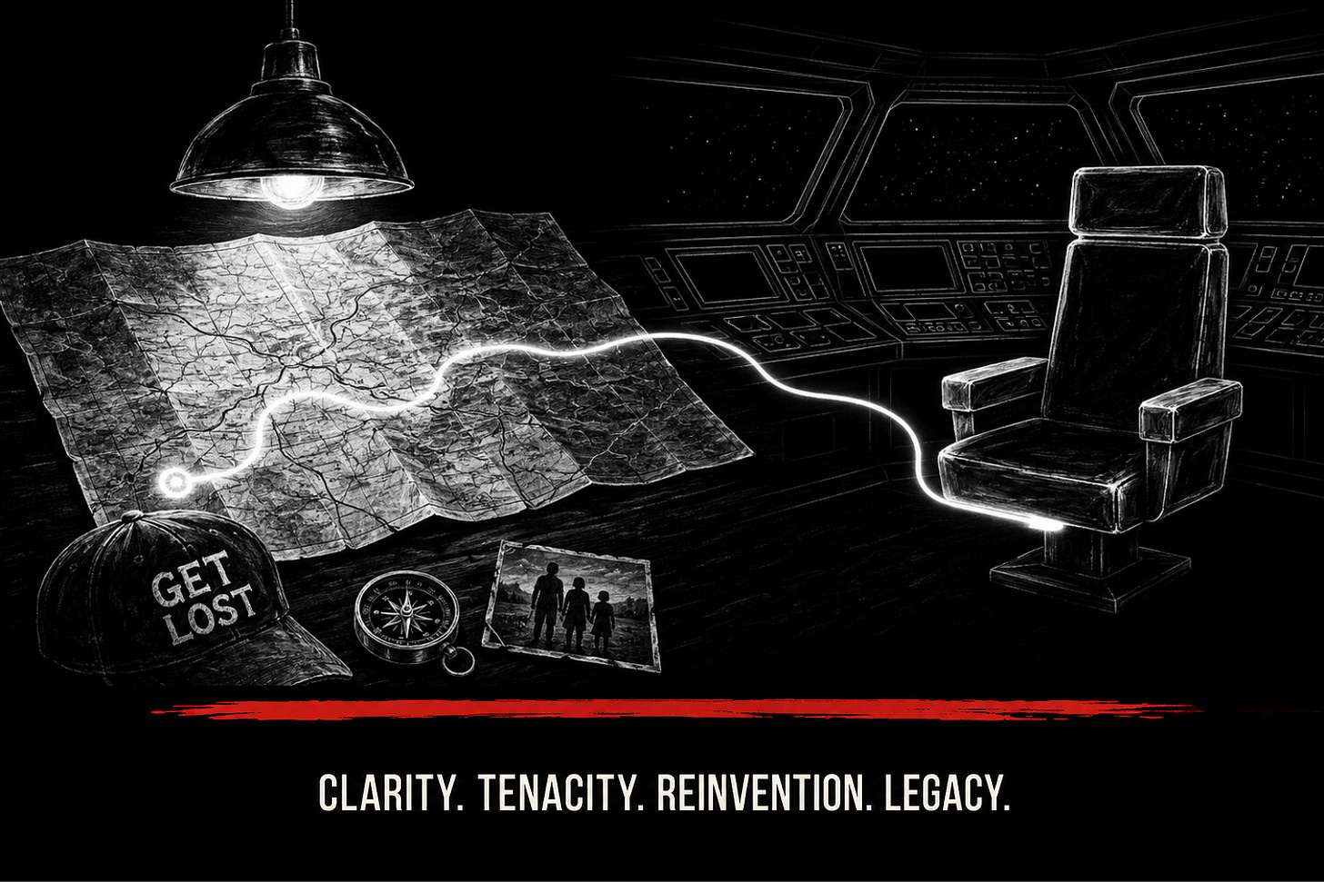 Road map connected to an empty captain's chair in a futuristic control room. Road map connected to an empty captain's chair in a futuristic control room.