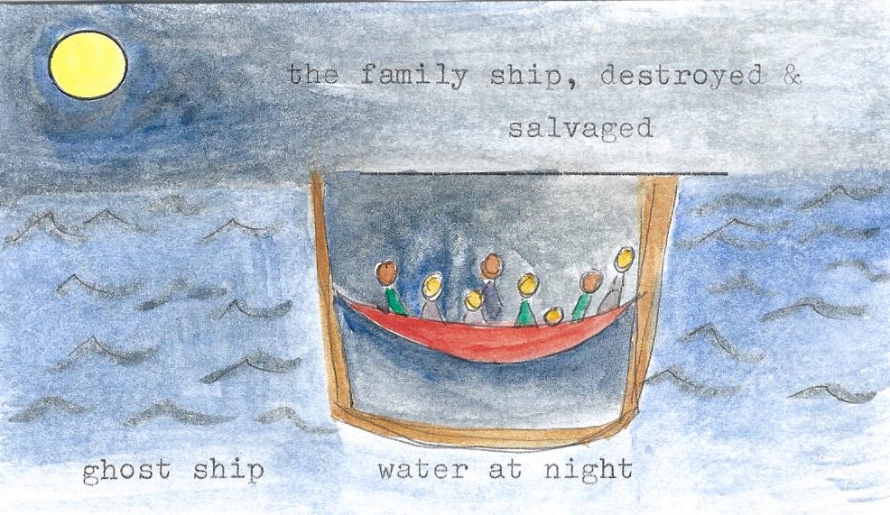 drawing + watercolor of a vessel at sea under a full moon, people in a hammock