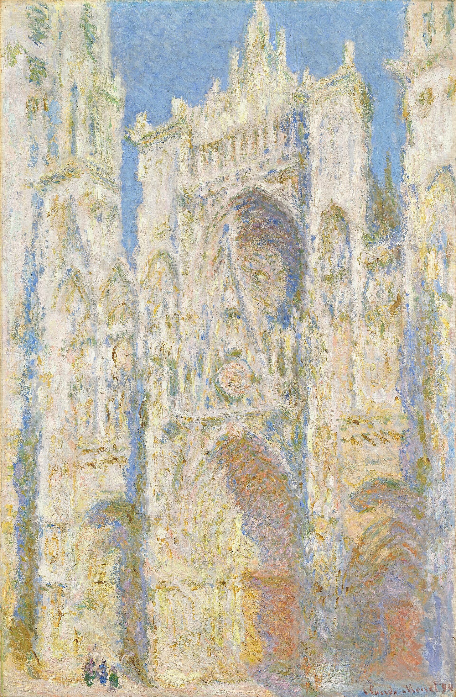 Rouen Cathedral, West Facade, Sunlight by Claude Monet: the stone facade in pale yellow light against a blue sky