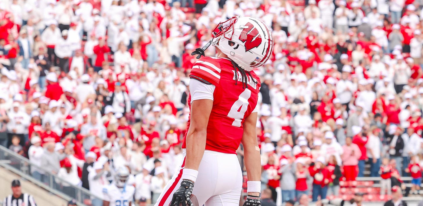 Wisconsin Badgers wide receiver Jayden Ballard stands on the field during a game at Camp Randall Stadium. Wisconsin Badgers wide receiver Jayden Ballard stands on the field during a game at Camp Randall Stadium.