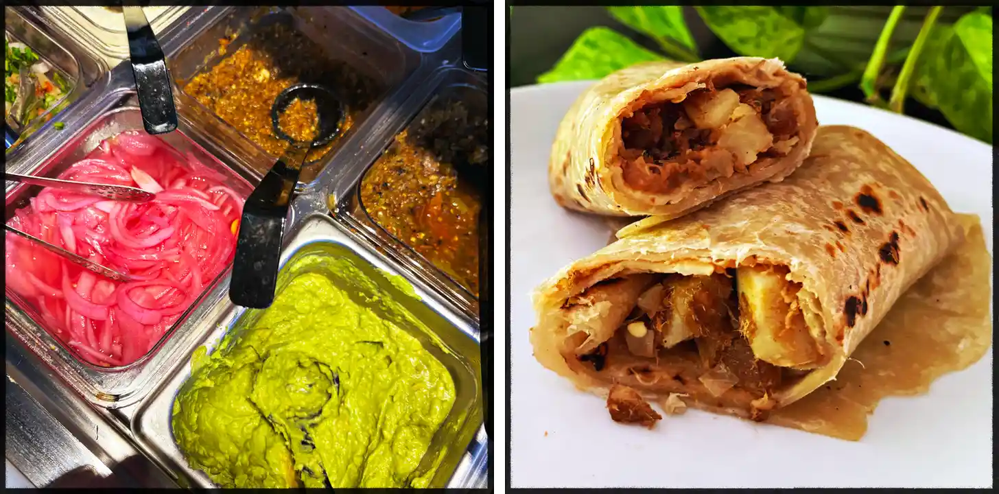 Salsa bar and a cut-in-half burrito
