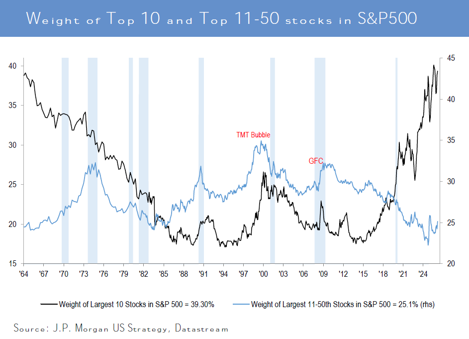 Weight of top 10 largest companies in the S&P500 over time