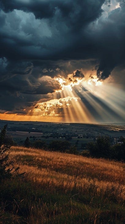 The scene captured here is one of nature's most awe-inspiring spectacles – a moment when the forceful drama of storm clouds parting is met with the serene beauty of sun rays breaking through. The golden beams of light penetrate the tumultuous gray clouds, illuminating the rolling hills and fields below with a warm, ethereal glow. It's a picture-perfect display of the calm after the storm, a visual poem with each ray acting as a verse celebrating the sky's dynamic nature and the land's quiet strength.