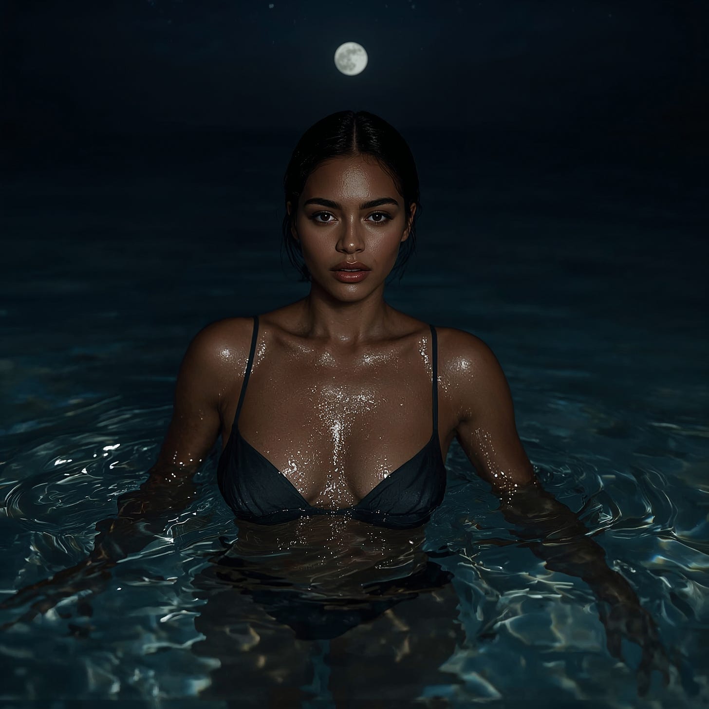 A stunning dark-skinned woman emerges from the serene ocean under the soft glow of a full moon, the water's surface calm and glasslike except for the gentle ripples surrounding her. Her eyes burn with a smoldering intensity, her facial features defined by high cheekbones and full lips that curve into a subtle smile. She wears a sleek two-piece bathing suit that accentuates her perfect physique, the fabric clinging to her curves as she rises out of the water. The moonlight casts a silver glow on her skin, illuminating the gentle contours of her face and body, as the dark blue ocean water surrounds her like a mystical aura, with the night sky above a deep shade of indigo dotted with stars. A stunning dark-skinned woman emerges from the serene ocean under the soft glow of a full moon, the water's surface calm and glasslike except for the gentle ripples surrounding her. Her eyes burn with a smoldering intensity, her facial features defined by high cheekbones and full lips that curve into a subtle smile. She wears a sleek two-piece bathing suit that accentuates her perfect physique, the fabric clinging to her curves as she rises out of the water. The moonlight casts a silver glow on her skin, illuminating the gentle contours of her face and body, as the dark blue ocean water surrounds her like a mystical aura, with the night sky above a deep shade of indigo dotted with stars.