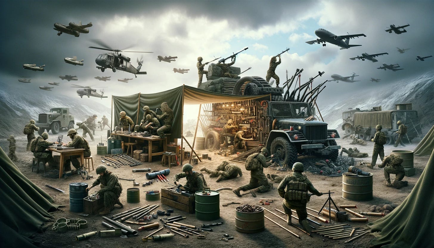 A creative representation of the transformation of the military with minimal funding and numerous challenges. The scene is set in a rugged terrain with soldiers creatively adapting old equipment to new uses. In the background, a group of engineers are seen repairing and modifying an outdated vehicle with makeshift tools and parts scavenged from various sources. The foreground shows a soldier training with a makeshift obstacle course made from recycled materials and barrels. The atmosphere is one of determination and ingenuity, highlighting the soldiers' resilience and adaptability despite the constraints. The sky is overcast, symbolizing the looming challenges they face, but there's a glimmer of hope as the sun tries to break through the clouds.