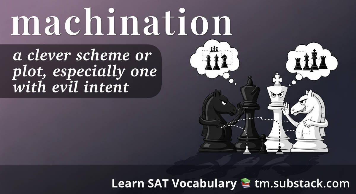 Cartoon chess pieces huddled together in secretive discussion, with thought bubbles revealing an elaborate trap planned. Dotted lines show their scheming moves across the chessboard, while long suspicious shadows emphasize the plotting atmosphere. Positioned on the right against a purple to gray gradient background; used to illustrate the SAT word 'machination'.