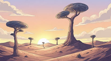 "Surrealist drawing of a dreamlike desert scene with otherworldly, alien trees rising up into the sky at sunrise. Soft pastel colors." - by GPT-4o, Imagen 4, and Seedream 3.0 image models