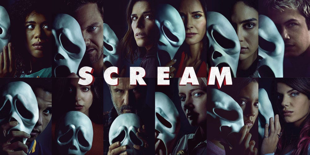 Grid of individual portraits of the cast of Scream holding Ghostface masks up to their faces