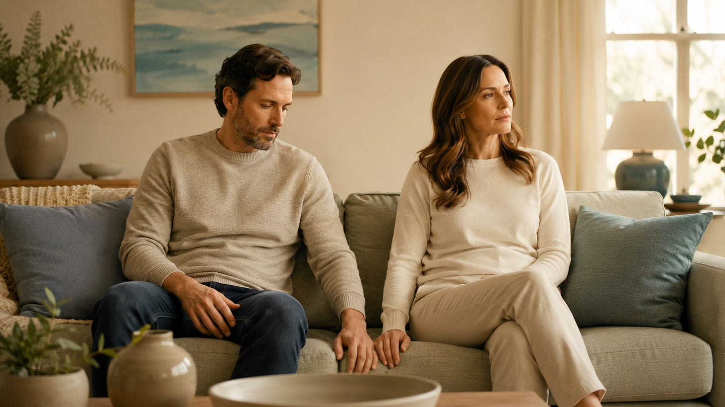 A man and woman in their late 30s or 40s sitting quietly side by side, hands almost touching