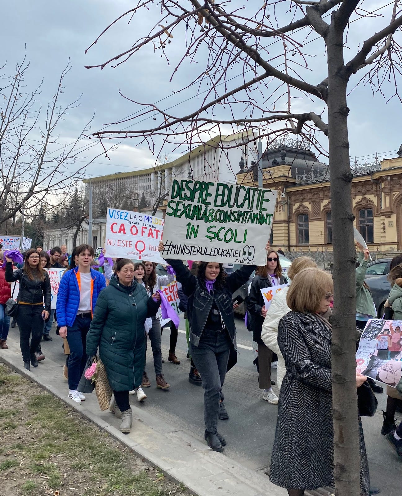 Nica Gojan at the annual Feminist March in Moldova. Sign translation: About Sexual Education And Consent In Schools - #MinistryofEducation Nica Gojan at the annual Feminist March in Moldova. Sign translation: About Sexual Education And Consent In Schools - #MinistryofEducation
