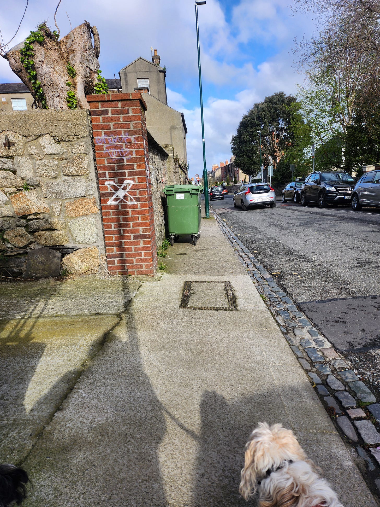Beside a graffitied wall is a green industrial bin that takes up more than half the pathway. For me to pass, I have to get onto the road, which is currently full of cars. 