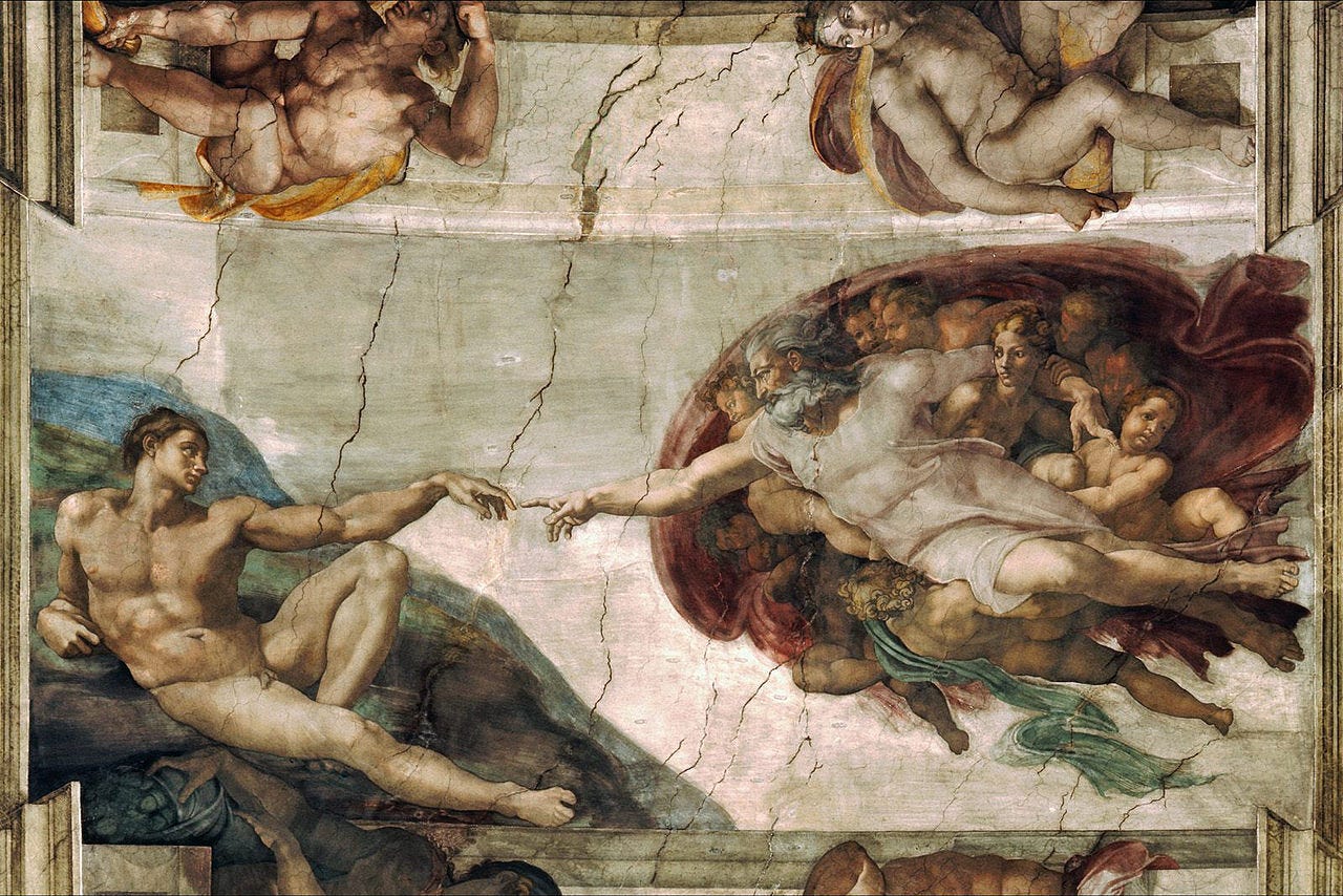 God reaching toward Adam, their fingers nearly touching God reaching toward Adam, their fingers nearly touching