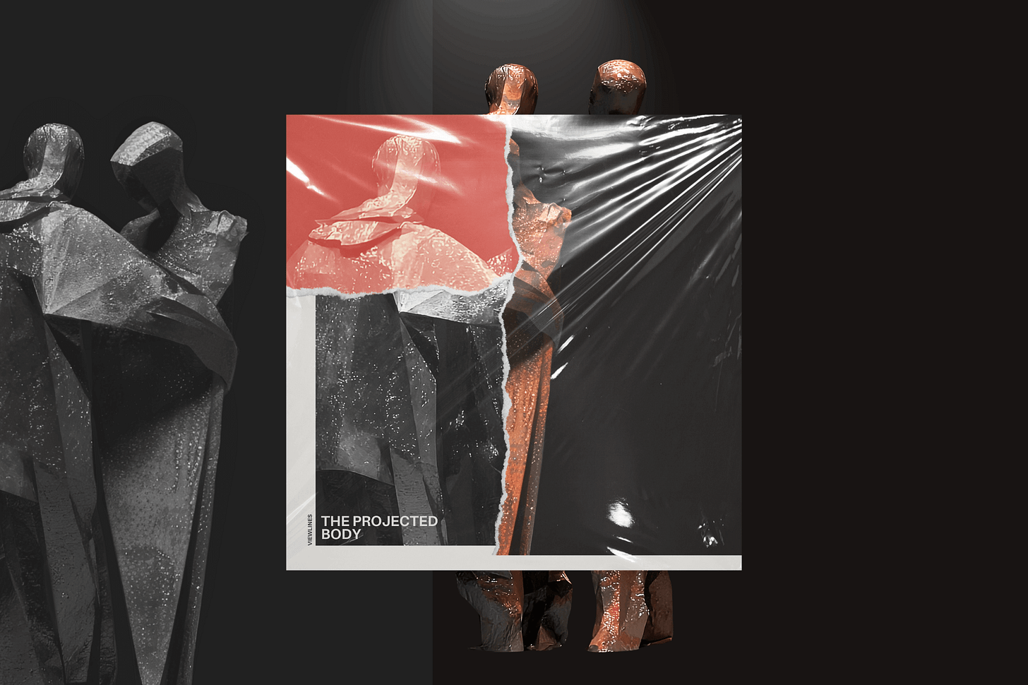A digital collage composed of two distinct images overlaid with a square album cover. In the blurred foreground on the left is a pair of dark-gray geometric statues, while a pair of coppery, spotlighted statues peeks out from the background on the right. Centered is the album cover, which features a torn-paper collage made of fragments from the two artworks, finished with a crinkled plastic overlay. The title reads "The Projected Body." Part of the Viewlines series at The Subtext Review.
