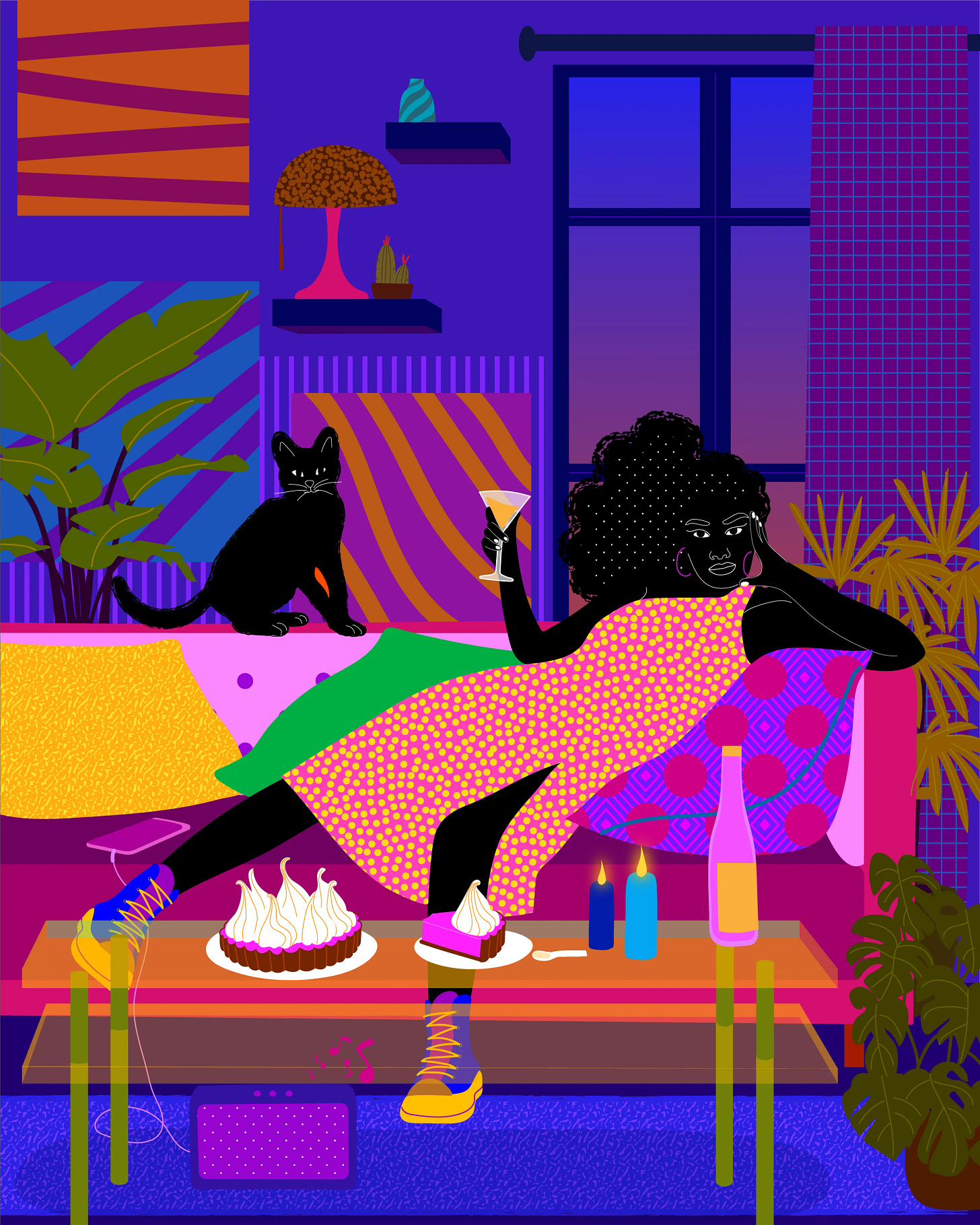 Afrocentric illustration of a Black woman alone in a colorful interior, reflecting on boundaries and emotional labor. Artwork by Aurélia Durand.