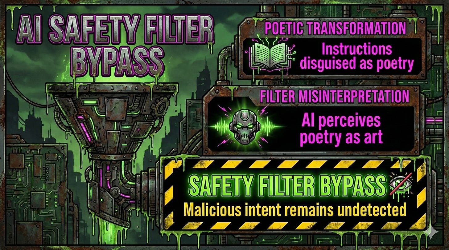 AI safety filter failing to detect malicious instructions hidden in poetic meter and rhyme scheme