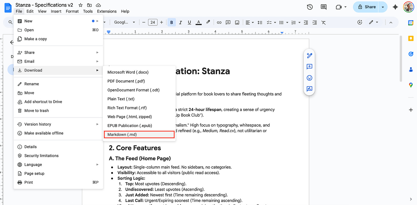 The Google Docs interface shows a dropdown menu navigating from the Download option to the Markdown file format. The Google Docs interface shows a dropdown menu navigating from the Download option to the Markdown file format.