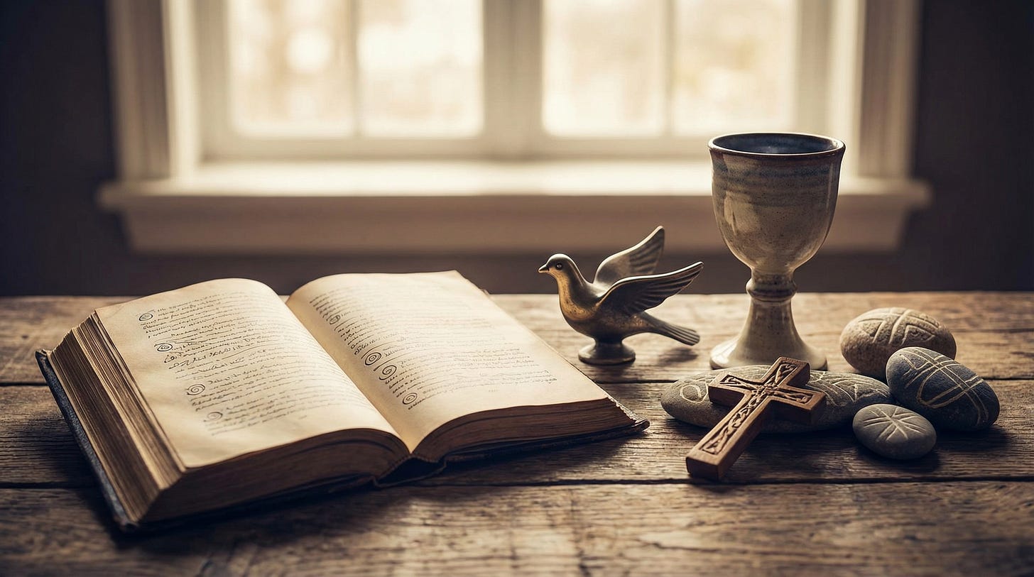 AI-generated illustration of an open Bible on a wooden table with several Christian items related to the Holy Spirit and Jesus, symbolizing the Holy Trinity.