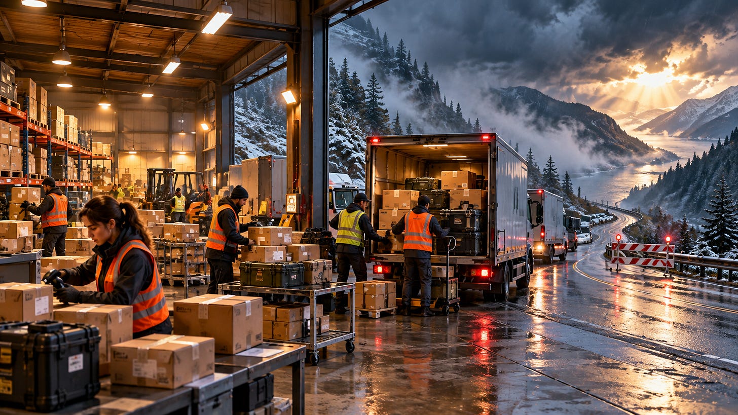 Mountain cargo depot storing packages safely while stormy conditions delay outbound deliveries. Mountain cargo depot storing packages safely while stormy conditions delay outbound deliveries.