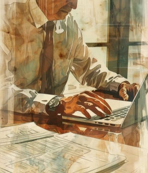 vintage watercolor illustration of an executive office with tinted glass and contract papers on a desk, suggesting quiet deliberation
