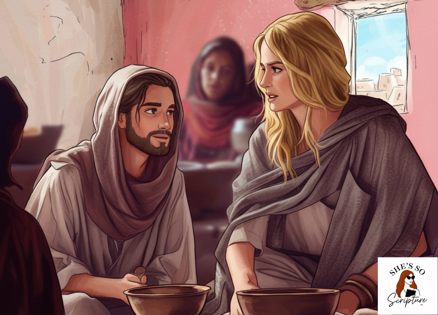 Illustration of Martha preparing a meal while Jesus teaches, highlighting service, anxiety, and attentiveness in Luke 10.