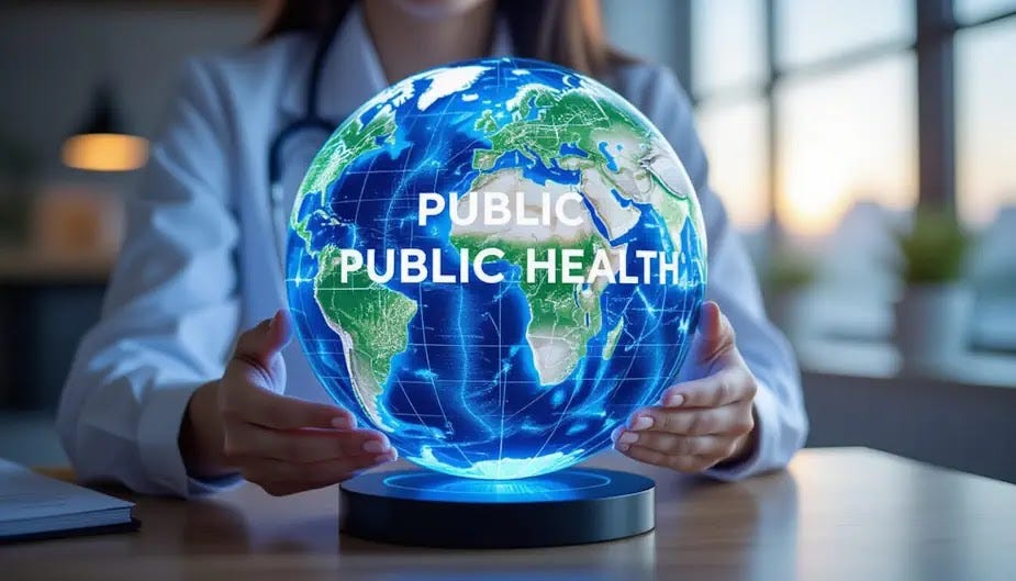 A scientist in a laboratory is holding a computer-generated holographic globe labeled "Public Health."