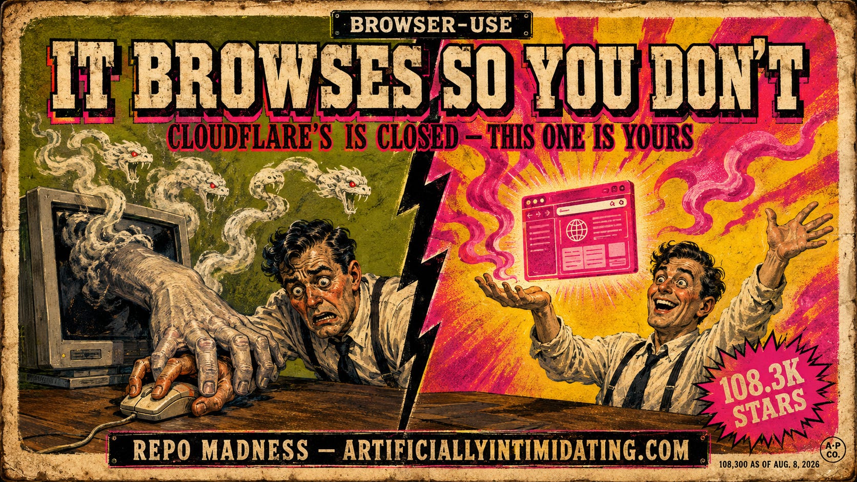 A campy 1930s-style exploitation movie poster split down the middle by a jagged lightning bolt. On the left, in sickly green, an office worker slumps at a desk while an enormous disembodied hand reaches out of a dead grey screen and pins their hand to the mouse, smoke curling into serpent heads around them. On the right, in blazing magenta and yellow, the same worker stands with arms wide as a small glowing browser window floats free above their open palm, running by itself. Large lettering reads "BROWSER-USE — IT BROWSES SO YOU DON'T."